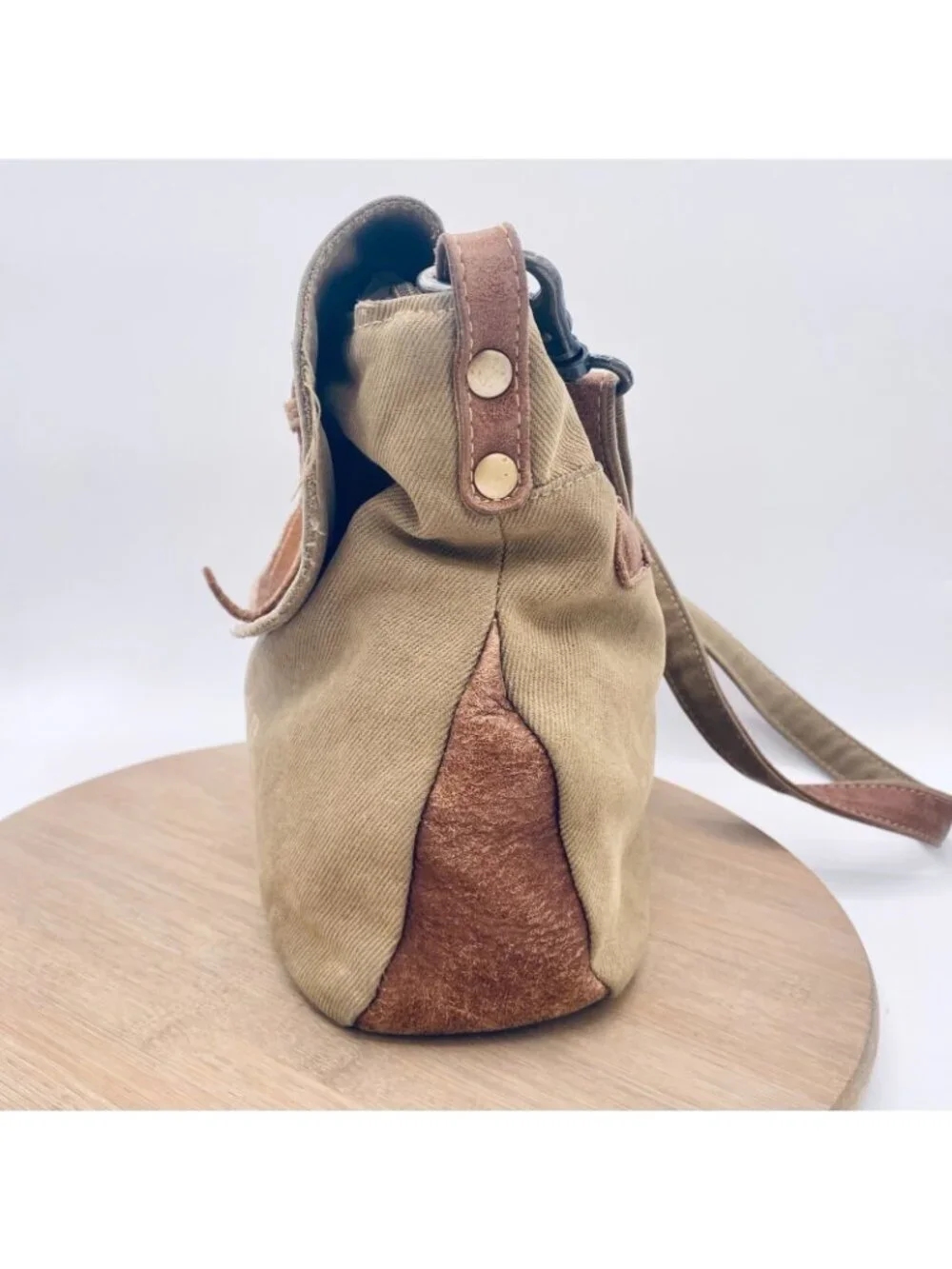 Myra Crossbody Bag Tan Canvas Leather Fold Over Purse Large Western Boho